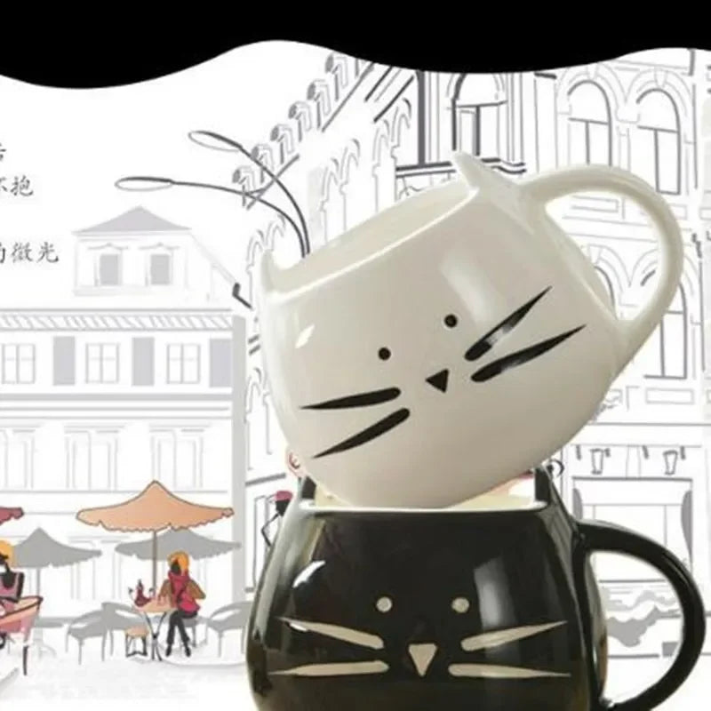 Ceramic Cute Cat Mugs with Spoon Coffee Tea Milk Animal Cups with Handle Black and White Pair Cup 400Ml Drinkware Nice Gifts